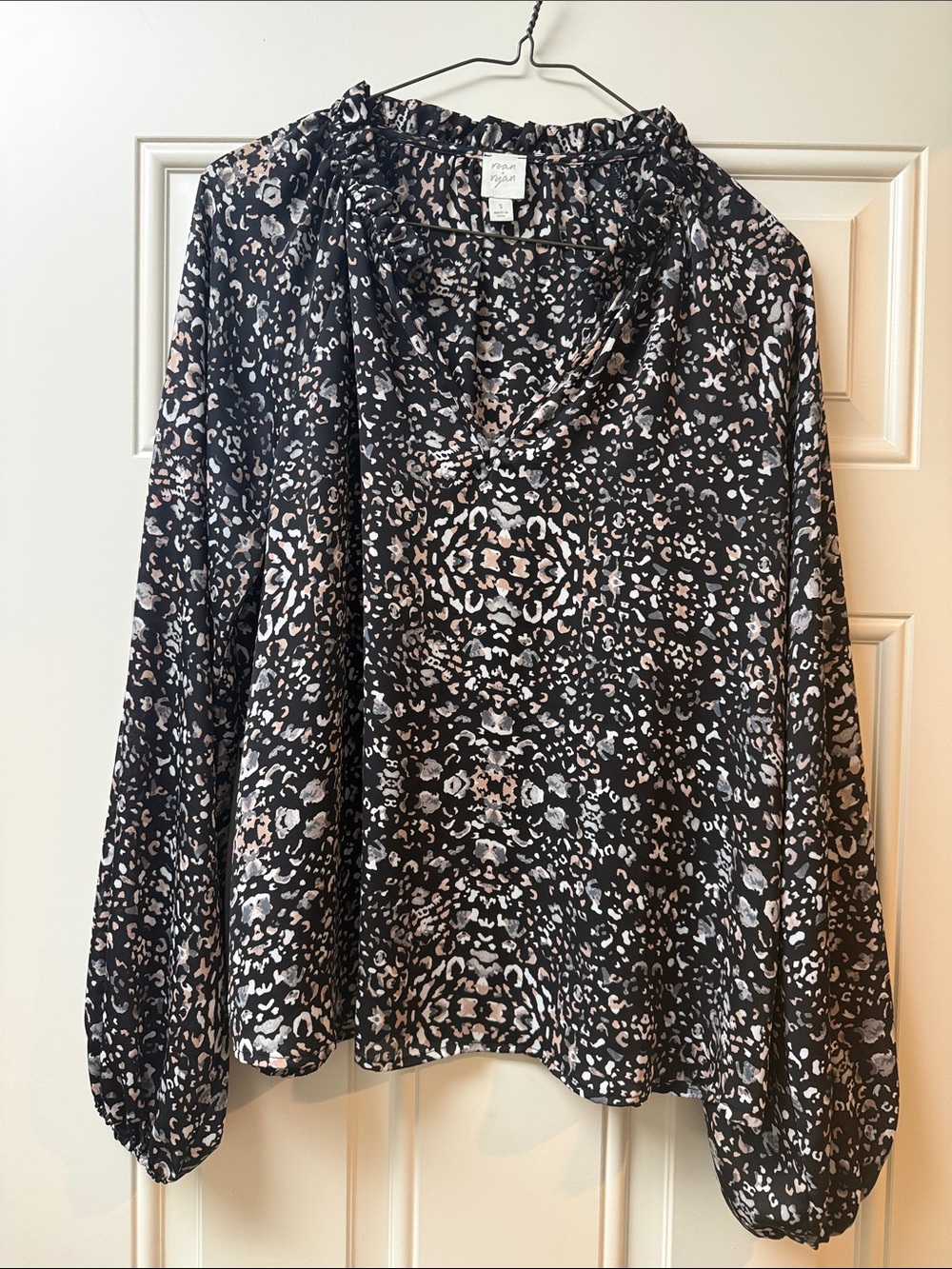 Violet & Claire Black Animal-Print Blouse with Pink and Cream Accents